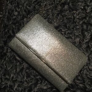 Metallic Party Clutch, White lining, Chain Strap, Silver Gray White